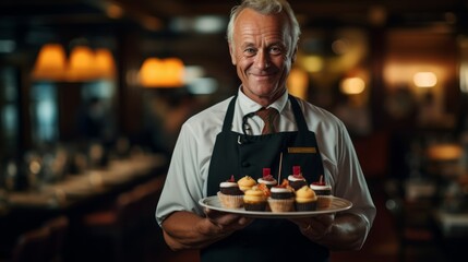 Waiter in late 50s presents dessert tray under natural lighting