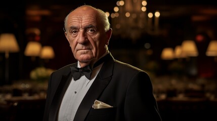 Maître d' in tuxedo greets guests in chic restaurant