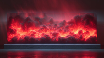 Fototapeta premium Abstract Composition with Red Glowing Smoke Shapes. Modern art gallery interior with volume and luminous art object.