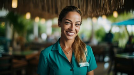 Server in tropical resort uniform serves drinks by poolside exotic ambiance - obrazy, fototapety, plakaty