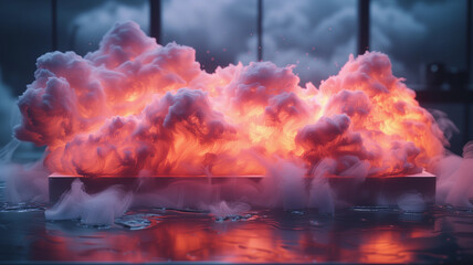Abstract Composition with Red Glowing Smoke Shapes. Modern art gallery interior with volume and luminous art object.
