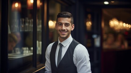 Portrait of inquisitive waiter framed by restaurant entrance soft lighting - obrazy, fototapety, plakaty