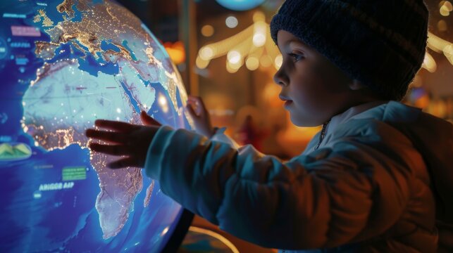 Little Explorer Discovers Digital World Map, Illuminated by the digital glow of an interactive globe, a child with a beanie hat touches continents, sparking curiosity about our world.