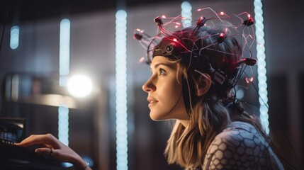 Close-up of linguist conducting language experiment with EEG cap - obrazy, fototapety, plakaty
