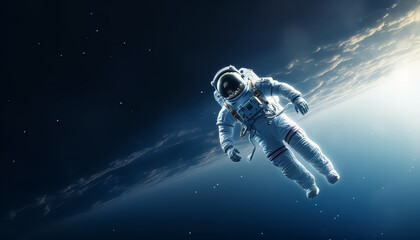 Cosmonaut in spacesuit in outer space levitating