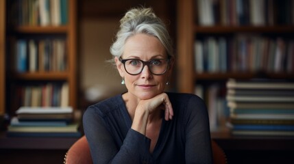 Insightful psychoanalyst sits in cozy office framed by bookshelf - obrazy, fototapety, plakaty