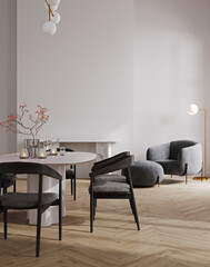 Modern stylish interior mockup with table, chair and cozy armchair, dinning, 3d render