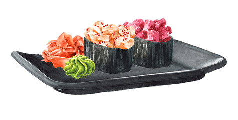 Japanese Gunkans Maki Sushi with Salmon and Tuna, Hand drawn watercolor illustration  isolated on white background