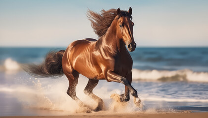 Brown horse running on the beach by the ocean
