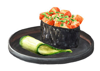 Japanese Gunkans Maki Sushi with Salmon. Hand drawn watercolor illustration, isolated on white background
