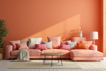 Fototapeta na wymiar Stylish minimalist modern peach fuzz living room interior design illuminated by natural daylight
