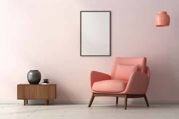 Minimalist modern  corner living room interior design in peach fuzz accents, in daylight,angled shot