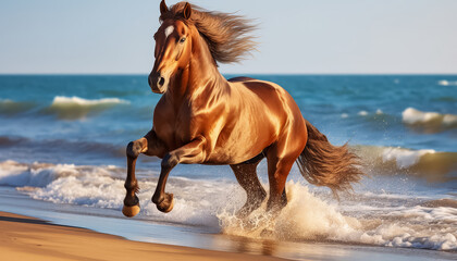 Brown horse running on the beach by the ocean