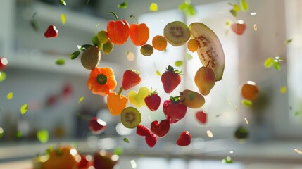 flying Vegetables and fruits in the shape of a heart in the kitchen. Concept of healthy eating, vegetarianism, health care, health day