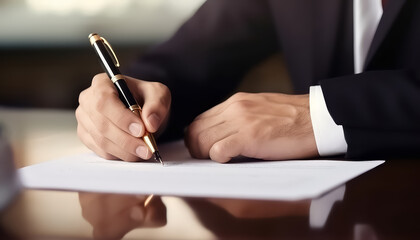 Man signing important document in suit hand and pen close-up
