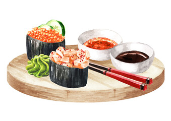 Japanese Gunkans Maki Sushi with spicy sauce. Hand drawn watercolor illustration  isolated on white background