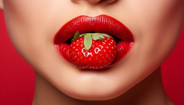 Red lipstick and snow-white teeth hold strawberries