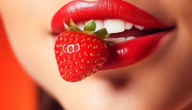 Red lipstick and snow-white teeth hold strawberries