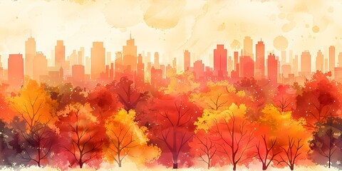 Vibrant watercolor cityscape seamlessly blending autumnal hues in a charming style seamless background. Concept Cityscape Art, Watercolor Painting, Autumn Hues, Seamless Background, Charming Style