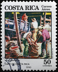Painting of Costa Rican farmers at work in a coffee plantation on stamp