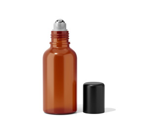 Blank Brown Roll On Glass Bottle Packaging Isolated On Transparent Background, Prepared For Mockup, 3D Render.	