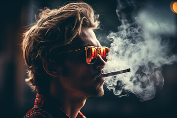 Fototapeta premium Bearded middle aged man smoking a vape lots of smoke generative AI concept