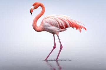 A tranquil image of a pink flamingo gracefully balancing on one foot in the water. With a pure white background