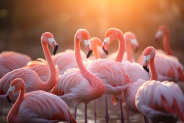 A flock of pink flamingos gathers silently at sunset.