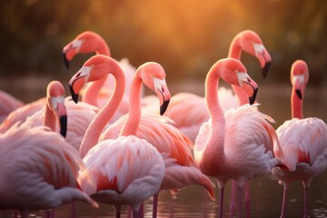 A flock of pink flamingos gathers silently at sunset.