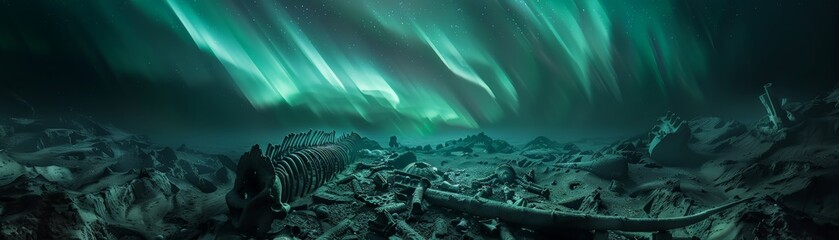 A dark and eerie depiction of the intricate details of an aurora shimmering in the night sky, casting an otherworldly glow over the forgotten relics of the Roman Empire and the lifeless bodies  - obrazy, fototapety, plakaty