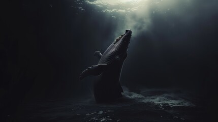 A dark interpretation of a random digital artwork featuring the intense and intimate observation of whale watching, highlighting the haunting beauty and mystery of these creatures - obrazy, fototapety, plakaty