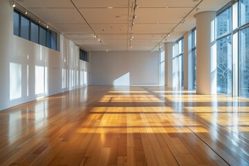 An empty room with a wooden floor and white walls in this area is well lit.