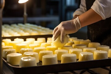 People pour fresh cheese curd into individual cheese molds in the cheese making workshop. - obrazy, fototapety, plakaty
