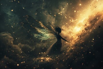 A mesmerizing close-up of a fairy surrounded by swirling darkness, her delicate wings casting ominous shadows on the ground