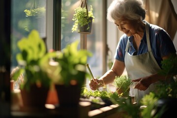 Elderly female gardener watering plants on the balcony of the house on a sunny day - obrazy, fototapety, plakaty