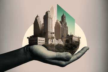 in the palm of your hand 3D city, architecture Collage illustration - obrazy, fototapety, plakaty