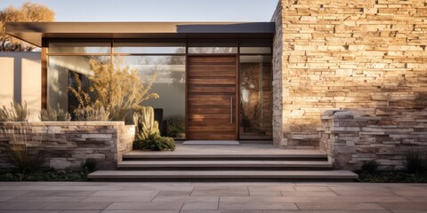 Contemporary home with natural stone walls, wooden doors and a clear morning sky.