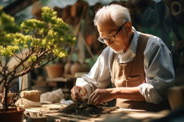Concentrated elderly man in casual clothes and glasses cutting tree roots with scissors while preparing for planting.