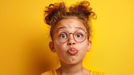 A little girl with glasses and a yellow background, AI