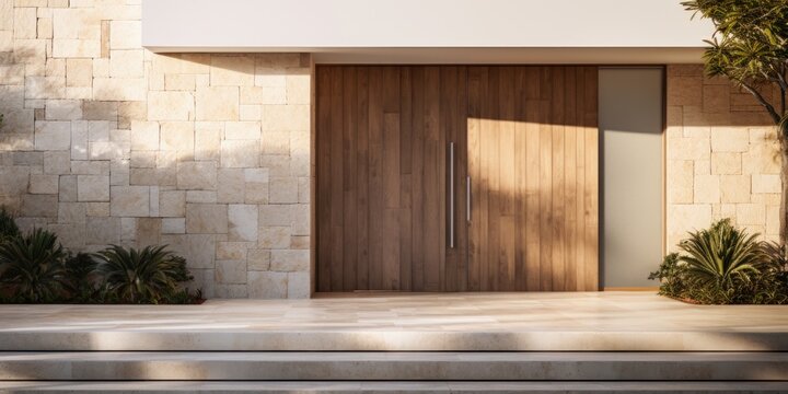 Contemporary home with natural stone walls, wooden doors and a clear morning sky.