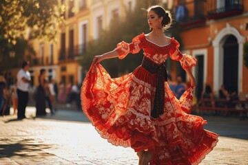 Beautiful female flamenco dancer in traditional dance dress. Young woman dancing flamenco on oldtown square. Flamenco is traditional Seville dance in Spain, Generative AI - obrazy, fototapety, plakaty