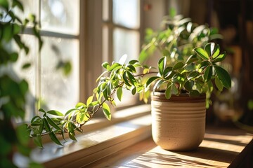 Indoor potted plant on window sill in sunny day at home, Generative AI