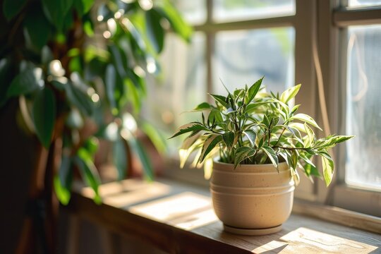 Indoor potted plant on window sill in sunny day at home, Generative AI