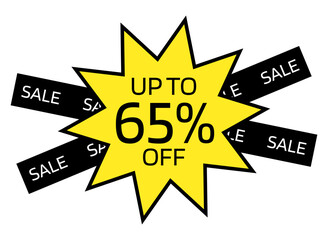 Up to 65% OFF written on a yellow ten-pointed star with a black border. On the back, two black crossed bands with the word sale written in white.