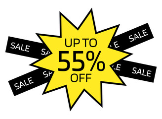 Up to 55% OFF written on a yellow ten-pointed star with a black border. On the back, two black crossed bands with the word sale written in white.