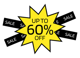 Up to 60% OFF written on a yellow ten-pointed star with a black border. On the back, two black crossed bands with the word sale written in white.