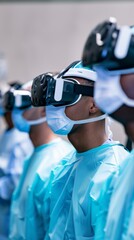 A diverse team of healthcare professionals, equipped with VR headsets, participates in an advanced virtual medical training session.