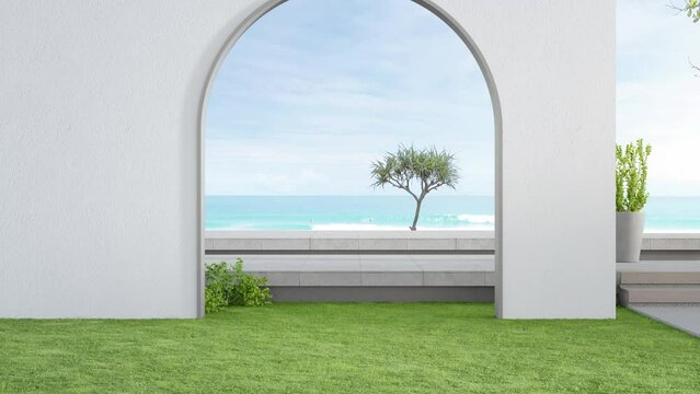 Concrete floor terrace and white wall in luxury hotel or beach house. 3d rendering of arch gate on green grass lawn with sea view.