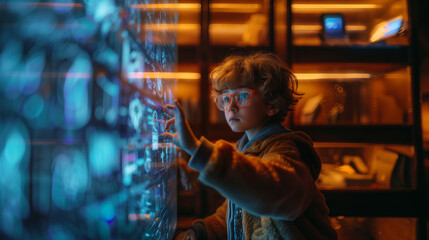 Augmented Imagination Young Scholar with glasses Controls Holographic Lessons