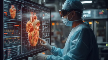 Futuristic Cardiac Care Doctor Engages in Augmented Reality Diagnostics on Virtual Screen